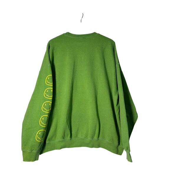 NIRVANA Sweatshirt Green L/XL LS Crew Neck Pullover Graphic Smile Logo Grunge - Picture 3 of 5